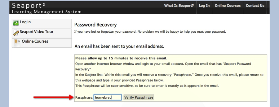 Seaport Verify Passphrase Reset screen